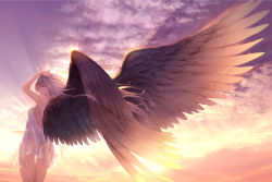 Rule 34 | 1girl, aqua eyes, arms up, bare shoulders, blue sky, cloud, dress, feathered wings, from behind, long hair, looking at viewer, looking back, open mouth, original, ryouku, see-through, sky, solo, standing, sunrise, white dress, white hair, wind, wings
