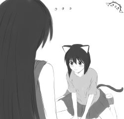 Rule 34 | ..., 2girls, :3, absurdres, animal ears, artist logo, artist name, azumanga daiou, bare shoulders, blunt ends, blush, bob cut, breasts, cat ears, cat girl, cat tail, commentary, embarrassed, english commentary, from behind, hair between eyes, highres, inverted bob, kaori (azumanga daioh), kemonomimi mode, kurumimi birb, long hair, looking at another, monochrome, multiple girls, naughty face, on floor, pleated skirt, raised eyebrows, sakaki (azumanga daioh), shirt, shoes, short hair, signature, simple background, sitting, sketch, skirt, sleeveless, sleeveless shirt, small breasts, sneakers, standing, t-shirt, tail, teasing, upturned eyes, very long hair, wariza, white background, yuri