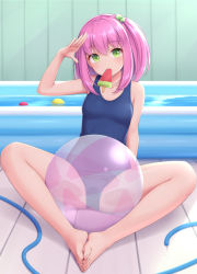 Rule 34 | 1girl, ball, bare legs, barefoot, beachball, blue one-piece swimsuit, breasts, feet, feet together, food, full body, green eyes, highres, hose, knees apart feet together, looking at viewer, one-piece swimsuit, one side up, original, pink hair, popsicle, sasaame, small breasts, solo, spread legs, swimsuit, wading pool, watermelon bar