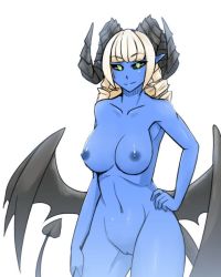 Rule 34 | 1girl, black sclera, blonde hair, blue skin, breasts, cleft of venus, colored sclera, colored skin, demon girl, drill, green eyes, horns, large breasts, less, nipples, nude, original, pointy ears, pussy, tagme, tail, uncensored, white hair, wings