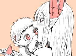 Rule 34 | 1boy, 1girl, baby, bare shoulders, blush, carrying, child carry, commentary request, demon boy, demon girl, finger in another&#039;s mouth, gospel (mazohaha), horns, long hair, lorem (mazohaha), mother and son, musuko ga kawaikute shikatanai mazoku no hahaoya, open mouth, pink background, pointy ears, sharp teeth, simple background, slit pupils, teeth, wings, zyugoya