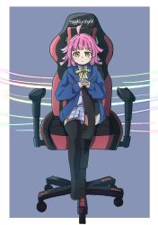 Rule 34 | 1girl, aqua jacket, artist name, artist request, black legwear, blue background, blue jacket, blunt bangs, blush, bow, bowtie, breasts, brown eyes, chair, checkered clothes, checkered skirt, collarbone, collared shirt, drawstring, female focus, flat chest, full body, gaming chair, hands on own knee, jacket, knee up, leg up, looking at viewer, love live!, love live! nijigasaki high school idol club, miniskirt, nijigasaki academy school uniform, on chair, open clothes, open jacket, parted lips, pink hair, plaid, plaid skirt, pleated, pleated skirt, ribbon, school uniform, shirt, short hair, sitting, skirt, sleeves past wrists, small breasts, smile, solo, swivel chair, tennoji rina, white shirt, white skirt, yellow bow, yellow eyes, yellow ribbon