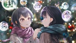 Rule 34 | 2girls, absurdres, adjusting another&#039;s clothes, adjusting scarf, bang dream!, bang dream! it&#039;s mygo!!!!!, bird, blue scarf, blurry, bokeh, brown hair, christmas ornaments, coat, constellation, depth of field, grey hair, heart, highres, light blush, long hair, looking at another, mole, mole under eye, multiple girls, parted lips, penguin, pink eyes, pink scarf, purple eyes, raito taisha, scarf, shiina taki, short hair, smile, star (symbol), takamatsu tomori, translation request, winter clothes, winter coat, yuri