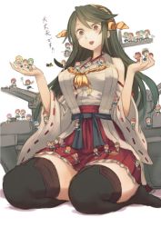Rule 34 | 10s, 1girl, bare shoulders, black hair, breasts, detached sleeves, fairy (kancolle), hair between eyes, haruna (kancolle), japanese clothes, kantai collection, large breasts, long hair, looking down, machinery, miniskirt, nontraditional miko, open mouth, red skirt, sitting, skirt, solo, thighhighs, thighs, translation request, utopia, weapon, weapon on back, wide sleeves, yellow eyes