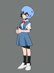 Rule 34 | 1girl, :v, ayanami rei, before and after, blue hair, blue skirt, chimeraenvy, expressionless, hair between eyes, looking to the side, neon genesis evangelion, school uniform, shaded face, sharp teeth, shirt, short hair, simple background, skirt, suspender skirt, suspenders, teeth, tokyo-3 middle school uniform, white shirt