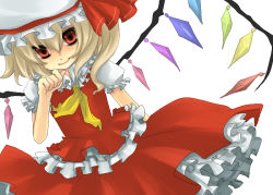 Rule 34 | 1girl, bad id, bad pixiv id, female focus, flandre scarlet, hair between eyes, hat, mob cap, ponytail, ribbon, short hair, simple background, solo, standing, sukemyon, touhou, white background, white hat, wings