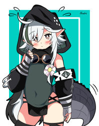 Rule 34 | 1girl, absurdres, arknights, bare shoulders, blue background, blush, brown eyes, closed mouth, commentary request, covered navel, crocodilian tail, flower, flying sweatdrops, gloves, goggles, goggles around neck, green hair, grey hair, hair between eyes, hair flower, hair ornament, hendra, highres, hood, hood up, long sleeves, multicolored hair, partially fingerless gloves, pointy ears, puffy long sleeves, puffy sleeves, signature, solo, standing, streaked hair, tail, tomimi (arknights), two-tone background, white background, white flower, white gloves
