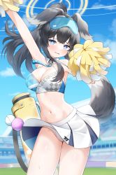 Rule 34 | 1girl, absurdres, animal ears, armpits, bare shoulders, black hair, blue archive, blue eyes, blue sky, blush, breasts, cheering, cheerleader, cleavage, cloud, cowboy shot, crop top, day, dog ears, dog girl, dog tail, eyewear on head, goggles, goggles on head, groin, halo, hibiki (blue archive), hibiki (cheer squad) (blue archive), highres, holding, holding pom poms, long hair, looking at viewer, midriff, millennium cheerleader outfit (blue archive), miniskirt, navel, neko lu (wofud453), official alternate costume, outdoors, panties, pantyshot, pleated skirt, pom pom (cheerleading), pom poms, ponytail, skirt, sky, sleeveless, solo, sticker on face, stomach, sweat, tail, underwear, white panties, white skirt