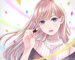 Rule 34 | 1girl, black jacket, blonde hair, blue eyes, eyelashes, fingernails, floating hair, gold necklace, heart, highres, holding, holding pen, jacket, jacket partially removed, jewelry, light brown hair, lips, long hair, looking at viewer, multicolored background, nail polish, necklace, original, parted lips, pen, pink lips, pink nails, risagucha, signature, sleeveless, sleeveless sweater, solo, sweater, upper body, white sweater