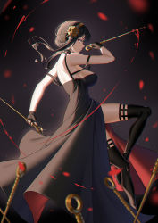 Rule 34 | 1girl, absurdres, bare arms, black background, black dress, black footwear, black gloves, black hair, blood, bloody weapon, boots, breasts, closed mouth, dress, dual wielding, fingerless gloves, floating hair, flower, from side, gloves, hair flower, hair ornament, hairband, highres, holding, holding weapon, large breasts, long dress, looking at viewer, looking to the side, profile, red eyes, rose, short hair with long locks, sidelocks, sleeveless, sleeveless dress, solo, sparkle, spy x family, thigh boots, weapon, yellow flower, yellow hairband, yellow rose, yor briar, yu e baba