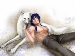 Rule 34 | 00s, 1boy, animal, cu chulainn (fate), fate/stay night, fate (series), grin, cu chulainn (fate/stay night), lying, male focus, pants, topless male, smile, solo, white wolf, wolf