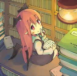 Rule 34 | 1girl, baron (x5qgeh), book, book stack, bookshelf, child, demon wings, dress, finger to mouth, head wings, koakuma, lamp, library, long hair, open book, pointy ears, reading, red eyes, red hair, shushing, sitting, smile, solo, touhou, wings