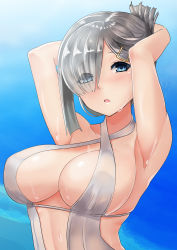 Rule 34 | 10s, 1girl, alternate costume, alternate hairstyle, arms behind head, bare arms, bare shoulders, blue eyes, breasts, collarbone, criss-cross halter, eyebrows, eyes visible through hair, folded ponytail, hair ornament, hair over one eye, hairclip, halterneck, halterneck, hamakaze (kancolle), highres, kantai collection, large breasts, looking at viewer, open mouth, short hair, sideboob, silver hair, sin (kami148), solo, sweatdrop, upper body