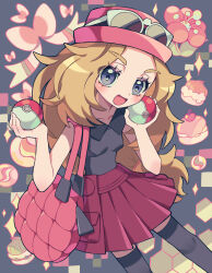 Rule 34 | 1girl, :d, bag, blonde hair, blush, breasts, collared shirt, commentary request, creatures (company), eyelashes, game freak, grey eyes, handbag, hands up, happy, hat, head tilt, highres, holding, holding poke ball, long hair, makimi (zmaru 111111), nintendo, open mouth, pink bag, pink hat, pleated skirt, poke ball, poke ball (basic), pokemon, pokemon xy, serena (pokemon), shirt, skirt, sleeveless, sleeveless shirt, small breasts, smile, solo, sunglasses, thighhighs, white-framed eyewear