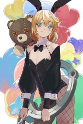 Rule 34 | 1boy, animal ears, balloon, bare shoulders, black bow, black bowtie, black leotard, black sleeves, blonde hair, blush, bow, bowtie, bridget (guilty gear), closed mouth, collarbone, commentary, cowboy shot, cuffs, detached collar, detached sleeves, fake animal ears, fake tail, fishnet pantyhose, fishnets, green eyes, guilty gear, guilty gear strive, hair between eyes, handcuffs, highres, leotard, long hair, long sleeves, looking at viewer, male focus, male playboy bunny, nhb haribote, pantyhose, pectoral cleavage, pectorals, rabbit ears, rabbit tail, roger (guilty gear), sidelocks, smile, solo, stuffed animal, stuffed toy, tail, teddy bear, trap, white background, wrist cuffs