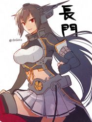 Rule 34 | 1girl, black gloves, black hair, breasts, cowboy shot, elbow gloves, fingerless gloves, gloves, headgear, kantai collection, kasumi (skchkko), large breasts, long hair, looking at viewer, miniskirt, nagato (kancolle), nagato kai ni (kancolle), pleated skirt, red eyes, red thighhighs, simple background, skirt, solo, thighhighs, twitter username, white background, white skirt