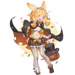 Rule 34 | 1girl, :d, animal ears, arknights, bandage over one eye, bandaged arm, bandages, blonde hair, blush, breasts, cape, closed eyes, female focus, full body, hair ornament, halloween, highres, jack-o&#039;-lantern, kroos (arknights), kroos (the mag) (arknights), navel, nemo (leafnight), official alternate costume, open clothes, open mouth, open shirt, pantyhose, rabbit ears, sarashi, simple background, skeleton print, skull hair ornament, small breasts, smile, solo, stomach, torn clothes, white background