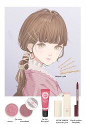 Rule 34 | 1girl, brown hair, closed mouth, english text, eyeliner, eyeshadow, frilled kimono, frills, gradient background, grey background, hair ornament, hair ribbon, hairpin, hairstyle request, highres, japanese clothes, kimono, lace, lace-trimmed kimono, lace trim, lips, long hair, looking at viewer, makeup, original, pencil, pink eyeshadow, pink kimono, pink lips, print kimono, ribbon, solo, tube, turning head, two-tone background, upper body, white background, yellow eyes, yellow ribbon, yuum1709