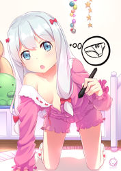 Rule 34 | 10s, 1girl, 2017, all fours, aqua eyes, bare shoulders, blush, bow, breasts, collarbone, dated, eromanga sensei, izumi sagiri, long hair, long sleeves, looking at viewer, no bra, open mouth, pink shirt, pink shorts, red bow, shirt, shorts, sidelocks, silver hair, small breasts, solo, stuffed toy, stylus, violetsang