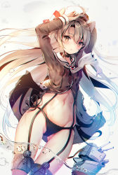 Rule 34 | 10s, 1girl, amatsukaze (kancolle), arms up, bad id, bad pixiv id, black panties, brown dress, brown eyes, chromatic aberration, dress, garter straps, hair tubes, kantai collection, long hair, navel, panties, partially submerged, red thighhighs, rensouhou-kun, sailor dress, side-tie panties, silver hair, snow is, snow is , solo, thighhighs, two side up, underwear, wading, water, white background