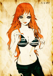 Rule 34 | 1girl, bikini, bikini top only, breasts, character name, cleavage, faux traditional media, highres, lips, long hair, looking at viewer, midriff, monochrome, nami (one piece), navel, one piece, orange hair, sagatsune, sepia, smile, solo, spot color, swimsuit