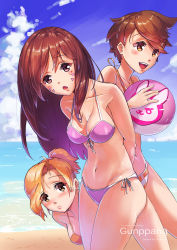 Rule 34 | 3girls, absurdres, alternate eye color, arms behind back, artist name, bad id, bad pixiv id, ball, beach, beachball, bikini, blue sky, blush, breasts, brown eyes, brown hair, chestnut mouth, cloud, collarbone, commentary request, cowboy shot, d.va (overwatch), day, ear piercing, eyes visible through hair, facial mark, front-tie bikini top, front-tie top, gunppang, high ponytail, highres, holding, leaning forward, long hair, looking at viewer, making-of available, medium breasts, mercy (overwatch), multiple girls, navel, ocean, open mouth, orange bikini, outdoors, overwatch, overwatch 1, piercing, purple bikini, shore, side-tie bikini bottom, signature, sky, smile, spiked hair, string bikini, striped bikini, striped clothes, swept bangs, swimsuit, tracer (overwatch), whisker markings