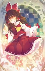 Rule 34 | 1girl, ana (rznuscrf), beckoning, bow, brown hair, closed eyes, detached sleeves, female focus, foreshortening, hair bow, hakurei reimu, japanese clothes, long hair, miko, no nose, open mouth, outstretched arm, outstretched hand, petticoat, sleeves past wrists, smile, solo, touhou