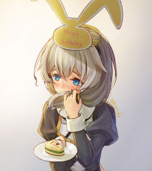 Rule 34 | 1girl, absurdres, artist name, benghuai xueyuan, blue eyes, blush, cake, commentary, commentary request, dddsunsky, embarrassed, food, grey hair, hair between eyes, hairband, highres, honkai (series), honkai impact 3rd, long hair, looking away, plate, ponytail, puffy sleeves, simple background, solo, theresa apocalypse, theresa apocalypse (valkyrie pledge)