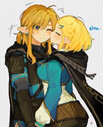 Rule 34 | 1boy, 1girl, black cape, black pants, blonde hair, blue eyes, blue shirt, blue tunic, blush, braid, breasts, cape, closed eyes, closed mouth, commentary request, couple, crown braid, earrings, hair behind ear, hair ornament, hairclip, heart, highres, jewelry, kiss, kissing cheek, link, medium breasts, nintendo, official alternate hair length, official alternate hairstyle, one eye closed, pants, parted bangs, pointy ears, princess, princess zelda, profile, shanodesu, shirt, short hair, sidelocks, the legend of zelda, the legend of zelda: tears of the kingdom