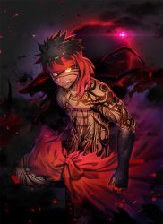 Rule 34 | 1boy, angra mainyu (fate), black background, black hair, bow, cowboy shot, fate/hollow ataraxia, fate (series), full-body tattoo, grin, headband, highres, looking at viewer, male focus, messy hair, monster, red bow, red headband, topless male, smile, solo, tattoo, waist bow, waku (ayamix), yellow eyes