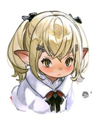 Rule 34 | 1girl, ?, ardbert hylfyst, blonde hair, blush, bow, brown eyes, capelet, chibi, chibi inset, circle, cropped torso, crossed bangs, final fantasy, final fantasy xiv, frown, fur-trimmed capelet, fur trim, hair bow, highres, lalafell, lamitt, looking at viewer, neck ribbon, pointy ears, portrait, ribbon, short hair, simple background, solo, twintails, white background, white capelet, wuliu heihuo