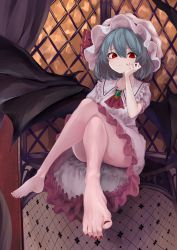 Rule 34 | 1girl, absurdres, ascot, barefoot, bat wings, brooch, curtains, feet, hat, highres, jewelry, mob cap, nail polish, r utchi, red eyes, red nails, remilia scarlet, sitting, solo, toenail polish, toenails, touhou, window, wings