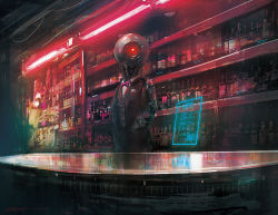 Rule 34 | 1boy, alcohol, android, bar (place), bartender, bottle, cable, concept art, cyberpunk, esuthio, glowing, glowing eye, hands in pockets, holographic interface, humanoid robot, lights, looking at viewer, machinery, menu, necktie, no humans, one-eyed, original, realistic, red eyes, reflection, robot, science fiction, sensor, signature, sketch, tuxedo, whiskey, wine