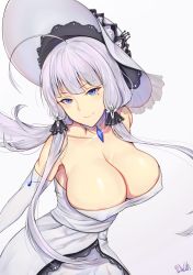 Rule 34 | 1girl, absurdres, ahoge, areola slip, azur lane, band-width, bare shoulders, blunt bangs, breasts, choker, cleavage, closed mouth, dress, gem, gradient background, hat, highres, illustrious (azur lane), jewelry, large breasts, long hair, looking at viewer, low twintails, mole, mole under eye, pendant, simple background, smile, solo, strapless, strapless dress, sun hat, twintails, white background, white choker, white dress, white hat