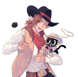 Rule 34 | 2boys, bandana, bean mr12, belt, black cat, black headwear, brown vest, cat, cowboy hat, eyes visible through hair, hat, highres, lasso, long sleeves, luo xiaohei, luo xiaohei (cat), luo xiaohei zhanji, luozhu (the legend of luoxiaohei), multiple boys, one eye closed, open mouth, pointing, pointing at viewer, pointy ears, red bandana, red eyes, shirt, signature, simple background, smile, upper body, vest, white background, white shirt