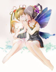 Rule 34 | 2girls, arm around shoulder, bare shoulders, barefoot, black dress, blush, bottomless, butterfly wings, camisole, dress, fairy, feet, female focus, flower, full body, hair flower, hair ornament, hairband, hand on another&#039;s face, imminent kiss, insect wings, kiss, multiple girls, original, plantar flexion, strap slip, wings, yuri, yurikuta tsukumi