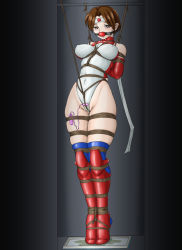 Rule 34 | 1girl, amiba00, ball gag, bdsm, blush, bondage, boots, bound, breasts, brown eyes, brown hair, covered erect nipples, crotch rope, detached sleeves, female focus, forced, gag, headband, in container, kotobuki makoto, large breasts, leotard, mach breakers, namco, numan athletics, pussy juice, sex toy, shibari, short hair, solo, tears, thigh boots, thighhighs, vibrator