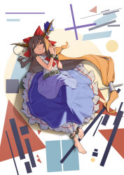 Rule 34 | 1girl, abstract background, absurdly long hair, absurdres, barefoot, belt, black belt, blue skirt, bow, brown eyes, brown hair, brown horns, chained wrists, chinese commentary, collared shirt, frilled skirt, frills, from above, hair between eyes, hair bow, highres, horn bow, horn ornament, horns, ibuki suika, knee up, long hair, long hair between eyes, long skirt, looking at viewer, low-tied long hair, low twintails, lying, on back, open mouth, pointy ears, red bow, restrained, shirt, sidelighting, skirt, sleeveless, sleeveless shirt, solo, teeth, touhou, twintails, very long hair, yazato ichimushi