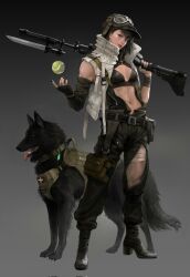 Rule 34 | 1girl, assault rifle, ball, bayonet, belt, black dog, black footwear, black hair, black nails, boots, breasts, cleavage, dog, fingerless gloves, fingernails, gloves, goggles, goggles on head, gun, hat, high heels, highres, knife, looking at viewer, navel, original, pouch, rifle, short hair, single glove, small breasts, suppressor, taak choi, tennis ball, thigh pouch, toned, tongue, tongue out, turtleneck, vest, weapon