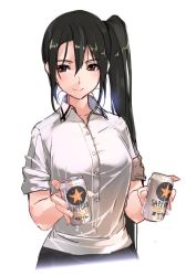 Rule 34 | 10s, 1girl, akasaai, alternate costume, beer can, black hair, brown eyes, can, casual, drink can, kantai collection, nachi (kancolle), side ponytail, simple background, smile, solo, white background