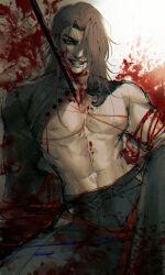 Rule 34 | 1boy, abs, bare pectorals, blood, blood on face, blood on pectorals, blood splatter, bloody weapon, c 9 1 1 (dorchadasb2), fate/grand order, fate (series), feet out of frame, hair over one eye, hakama, highres, igote, japanese clothes, large pectorals, long hair, looking at viewer, male focus, muscular, muscular male, pectorals, sitting, smirk, solo, spread legs, stomach, tanaka shinbei (fate), thick eyebrows, weapon