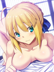 Rule 34 | 1girl, ahoge, alternate breast size, artoria pendragon (all), artoria pendragon (fate), bed sheet, blonde hair, blue eyes, blush, breasts, face down, fate/stay night, fate (series), nipples, raised hips, saber (fate), short hair, skylader, small breasts, solo, window