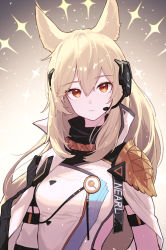 Rule 34 | 1girl, absurdres, animal ears, arknights, beudelb, blonde hair, blouse, breasts, character name, clothes writing, epaulettes, gradient background, grey background, hair between eyes, headset, highres, horse ears, implied extra ears, long hair, long sleeves, looking at viewer, nearl (arknights), nearl the radiant knight (arknights), red eyes, shirt, single epaulette, small breasts, solo, sparkle, upper body, white shirt