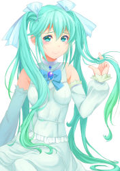 Rule 34 | 1girl, aqua eyes, blue bow, blue hair, blue neckwear, blush, bow, breasts, detached sleeves, frilled shirt, frills, gem, gradient hair, green hair, hair bow, hatsune miku, long sleeves, looking at viewer, multicolored hair, shirt, simple background, sitting, skirt, sleeveless, sleeveless shirt, small breasts, smile, solo, two-tone hair, vesper (pixiv3568), vocaloid, white background, white shirt, white skirt, white sleeves