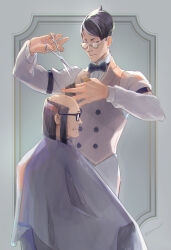 Rule 34 | 2boys, ace attorney, ayu161, bald, black bow, black bowtie, black hair, bow, bowtie, brown vest, closed mouth, collared shirt, comb, commentary request, facing viewer, glasses, grey background, hairdressing, hands up, highres, holding, holding comb, holding scissors, long sleeves, male focus, multiple boys, old, old man, profile, satoru hosonaga, scissors, shirt, short hair, sitting, standing, taketsuchi auchi, the great ace attorney, vest, white shirt