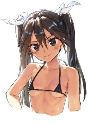 Rule 34 | 1girl, absurdres, bare shoulders, bikini, black bikini, blush, breasts, brown hair, cleavage, closed mouth, collarbone, commentary request, green eyes, hair between eyes, hair ribbon, highres, kantai collection, kawakami rokkaku, long hair, looking at viewer, ribbon, simple background, sketch, small breasts, smile, solo, swimsuit, tone (kancolle), twintails, upper body, wet, white background