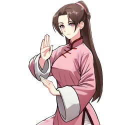 1girl absurdres brown_hair changpao china_dress chinese_clothes dress fighting fighting_stance highres kokoro_no_koibito kung_fu long_hair long_sleeves looking_at_viewer martial_arts monk original pink_dress pink_eyes self-upload shaolin_monk solo tangzhuang training