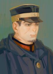 Rule 34 | 1boy, black hat, blue coat, brown hair, chengongzi123, closed mouth, coat, commentary, facial hair, goatee stubble, golden kamuy, green background, green eyes, hat, highres, hood, hooded coat, looking to the side, male focus, military hat, military uniform, portrait, red pupils, scar, scar on neck, short hair, simple background, smile, solo, stubble, symbol-only commentary, tsukishima hajime, uniform, very short hair