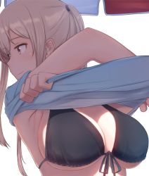 Rule 34 | 10s, 1girl, bikini, bikini top only, black bikini, blonde hair, breasts, brown eyes, cleavage, clothes lift, front-tie top, graf zeppelin (kancolle), kantai collection, large breasts, looking away, looking to the side, osterei, shade, shirt lift, smile, solo, swimsuit, twintails, undressing
