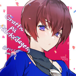 Rule 34 | 1boy, blush, brown hair, character name, chris (kof), confetti, dated, english text, hair between eyes, happy birthday, heart, jewelry, looking at viewer, male focus, mmts g, necklace, open mouth, purple eyes, short hair, solo, swedish text, the king of fighters, the king of fighters for girls